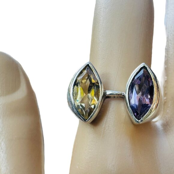 Citrine & Amethyst Gemstones 925 Silver Vintage Bypass Ring Size 7.75 - Picture 11 of 11